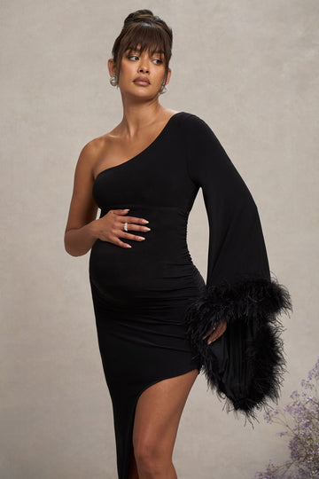 With A Flourish Black Asymmetric One-Sleeved Maternity Maxi Dress With Feathers